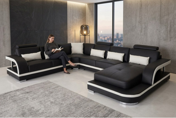 Moderne sofa hoekbankstellen hoek zitgedeelte leren bank gestoffeerde woonlandschap USB.