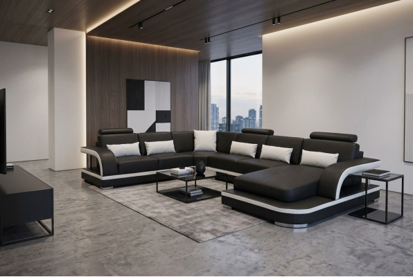 Moderne sofa hoekbankstellen hoek zitgedeelte leren bank gestoffeerde woonlandschap USB.