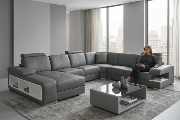Woonkamer bank bankstel lederen bekleding hoekbank U-vorm woonlandschap + USB