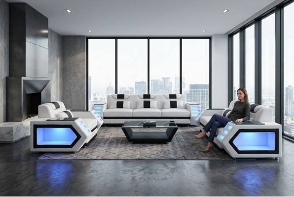 Bank Bank Zitkussen Volledige Groep Set Lederen Bekleding 3+2+1 + LED + USB Nieuw