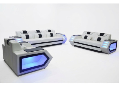 Bank Bank Zitkussen Volledige Groep Set Lederen Bekleding 3+2+1 + LED + USB Nieuw