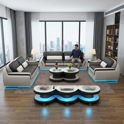 Leren bank Bankstel Nieuw 3+2+1 zits bankstel Design Modern Sofa + USB