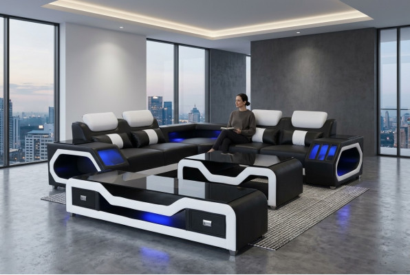 Lederen bankstel woonlandschap hoekbank ontwerp moderne bank met USB + salontafel