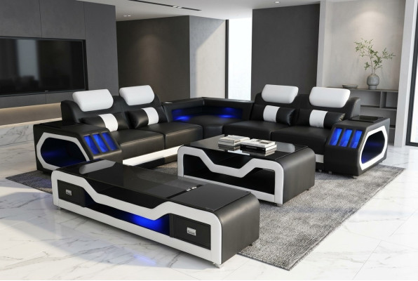 Lederen bankstel woonlandschap hoekbank ontwerp moderne bank met USB + salontafel