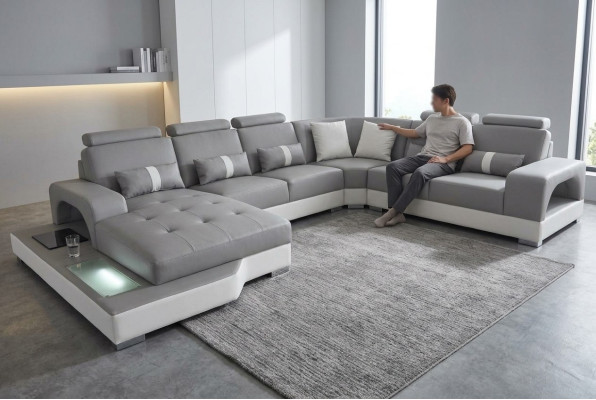 Leder hoekbank woonlandschap set ontwerp moderne bank banken met USB LED nieuw
