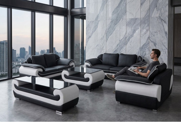 Bankstel leren bankstel design bank gestoffeerde complete set 4-delig 3+2+1 met USB