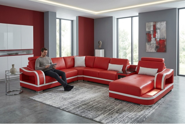 Leren bankstel met USB-bankstel woonkamer combinatie set Design Modern hoekbank U-vorm