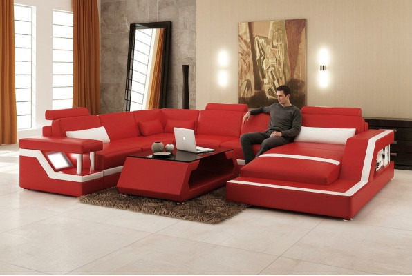Ontwerp Leren Woonlandschap Hoekbank Moderne Set Bank Hoek Rood USB + LED