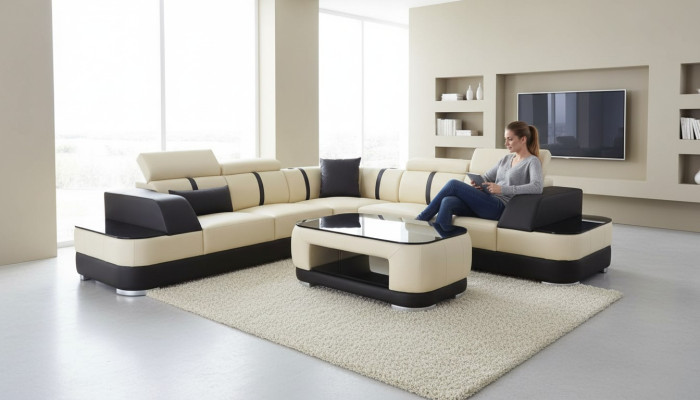 Hoekbank + USB lederen bekleding hoekbankstel bankstellen L-vorm + tafel woonlandschap