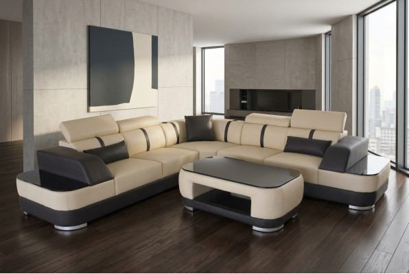 Hoekbank + USB lederen bekleding hoekbankstel bankstellen L-vorm + tafel woonlandschap