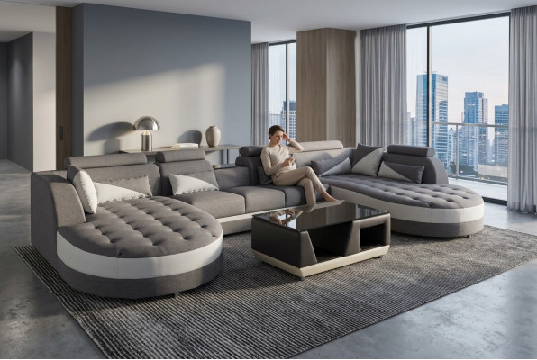 Moderne textiele bank + USB-aansluiting + salontafel woonlandschap U-vormige hoek