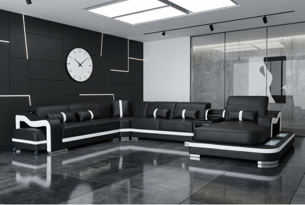 Leder Bank Bekleding Zitontwerp Hoekbank Bankstel Woonlandschap + Licht + USB