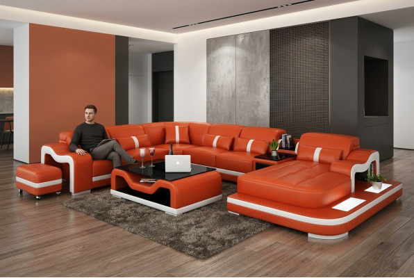 Leren bank met USB bank woonlandschap hoekbank hoek suite design modern bankstel.