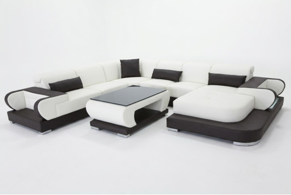 Hoekbank met USB-lederen woonlandschapset Modern ontwerp Bank + Tafel