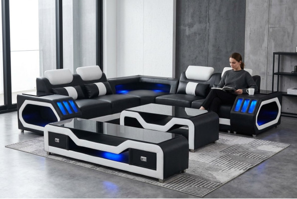 Moderne lederen sofa woonlandschap L-vormige bank geluids - USB - Bluetooth nieuw