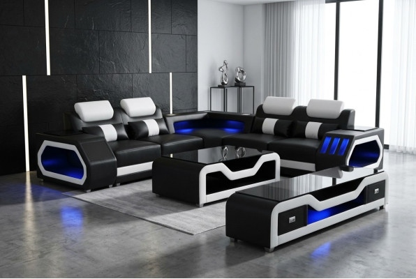Moderne lederen sofa woonlandschap L-vormige bank geluids - USB - Bluetooth nieuw