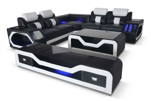 Moderne lederen sofa woonlandschap L-vormige bank geluids - USB - Bluetooth nieuw