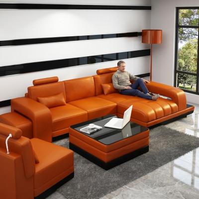 Leren bank woonlandschap hoekbank hoekset designbank USB oranje nieuw