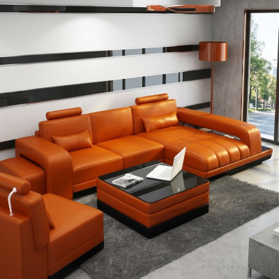 Leren bank woonlandschap hoekbank hoekset designbank USB oranje nieuw