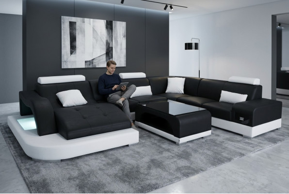 Leren bank met USB Moderne zitbank Bekleding Design Hoekwoonkamer Tafel