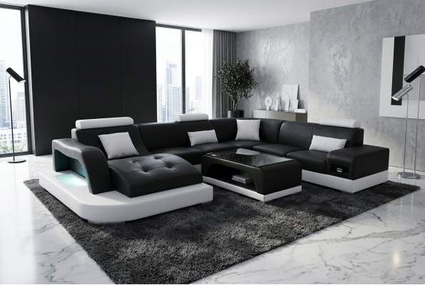 Leren bank met USB Moderne zitbank Bekleding Design Hoekwoonkamer Tafel