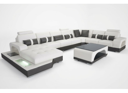 Leren bank met USB Moderne zithoekbank Gestoffeerde hoekbank Woonlandschap + Tafel