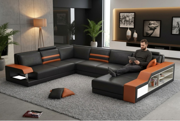 Designersofa hoekbank met USB, leren bankstel met bekleding en LED-verlichting.