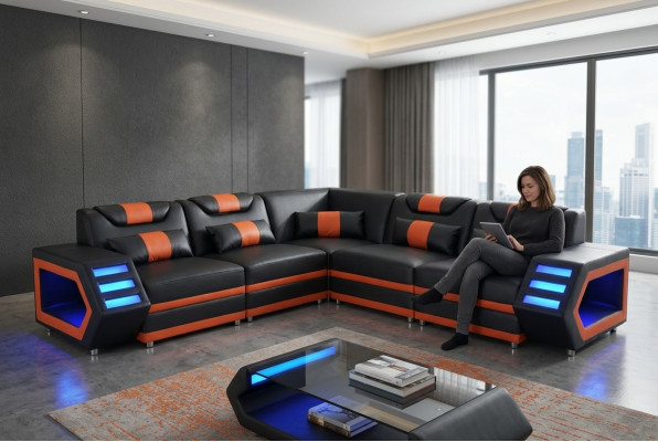 Ontwerp Lederen Bekleding Hoekbank Bank Bekleding Hoek Landschap Woonbank USB LED