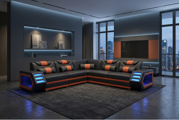 Ontwerp Lederen Bekleding Hoekbank Bank Bekleding Hoek Landschap Woonbank USB LED