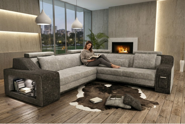 Hoekbank van leer en textiel bank met USB, gestoffeerde woonlandschap L set zitting Isching