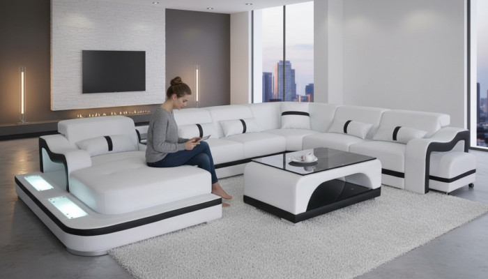 Hoekbank Hoekbank Hoekbank Bank Bank Bekleding Woonlandschap Tafel USB LED Nieuw
