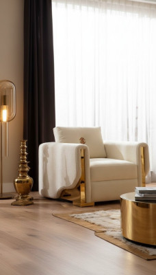 Ontwerp eenpersoons fauteuil van textiel voor de woonkamer lounge in luxe design met metalen constructie.