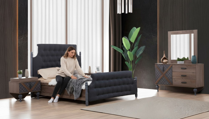 Bed nachtkastje ladekast met spiegel slaapkamer 4-delige set Chesterfield