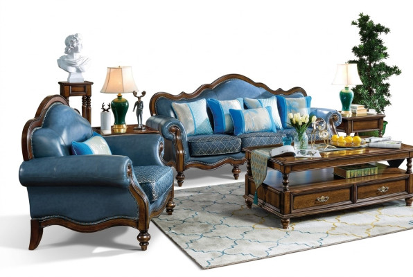 Blauwe barok rococo Chesterfield bankstelbank 3+1 zitplaatsenset