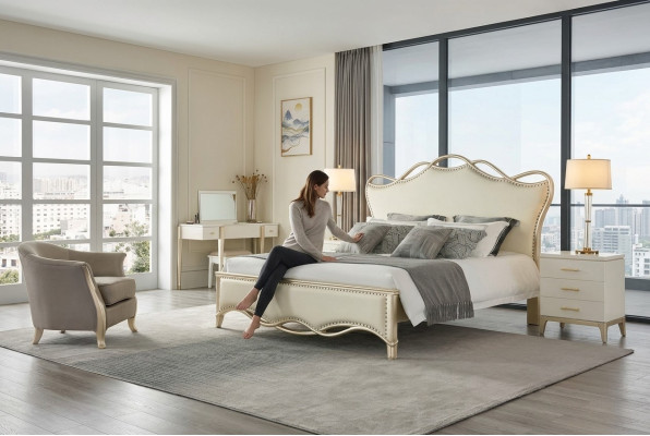Ontwerpbed Slaapkamerbedden Textiel Luxe Bekleding Zitstof Beige Meubels Nieuw