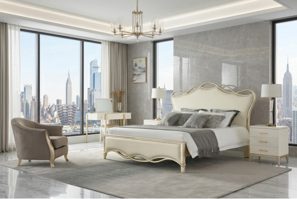 Ontwerpbed Slaapkamerbedden Textiel Luxe Bekleding Zitstof Beige Meubels Nieuw