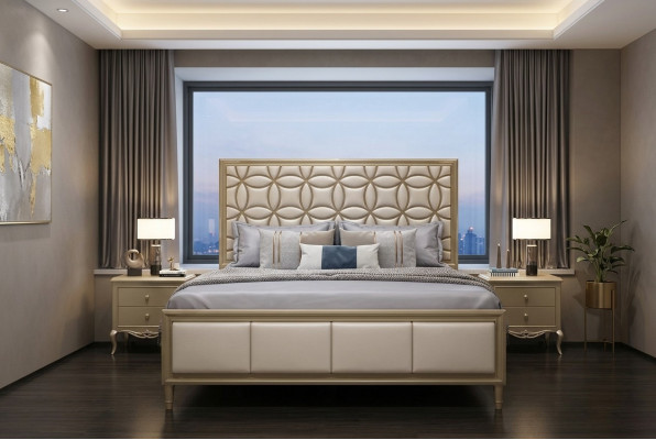 Bedden Twee persoonsbed Slaapkamer Kunstlederen bekleding Beige Tweepersoonsbedden Nieuw