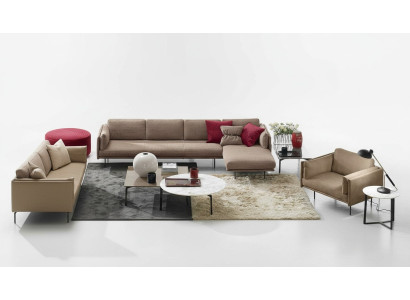 Bruine hoekbank L-vorm bank design gestoffeerd modern textiel woonkamer