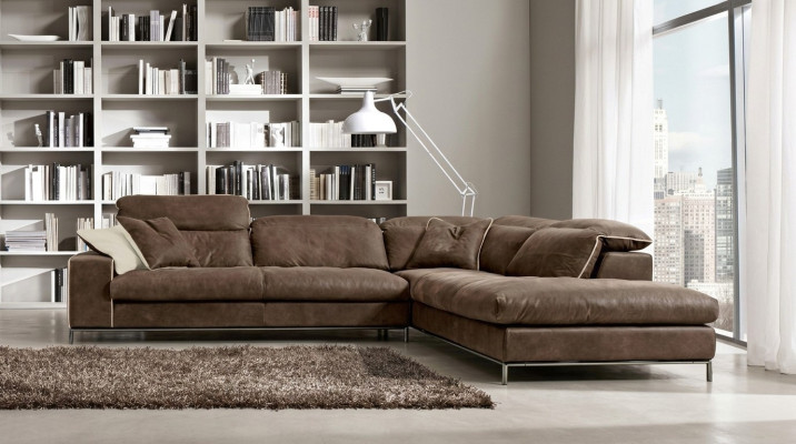 Ontwerp hoekbank Prianera Moderne luxe hoekbank Lederen houten bank L-vormig bruin