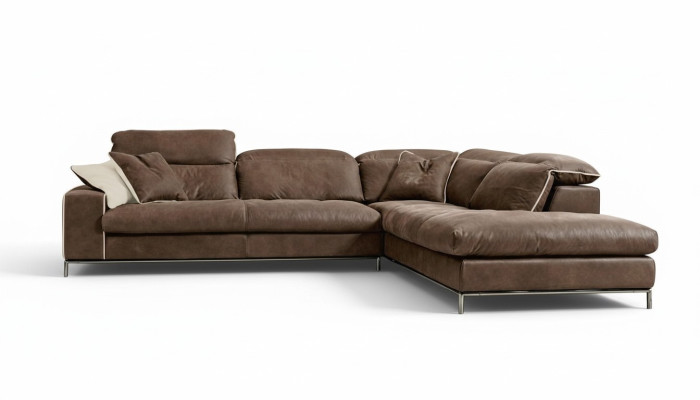 Ontwerp hoekbank Prianera Moderne luxe hoekbank Lederen houten bank L-vormig bruin
