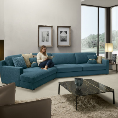 Ontwerp bank L-vorm gestoffeerde bank woonkamer meubels hoekbank textiel blauw
