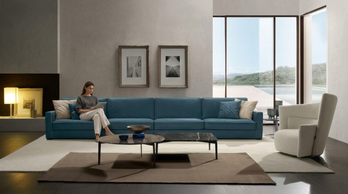 Bankstel 4-zits gestoffeerde bank leren bankstellen Italiaans designmeubilair blauw