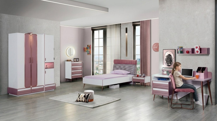 Kinderkamer Compleet Bed Kledingkast Commode Spiegel Wandplank 7-delig