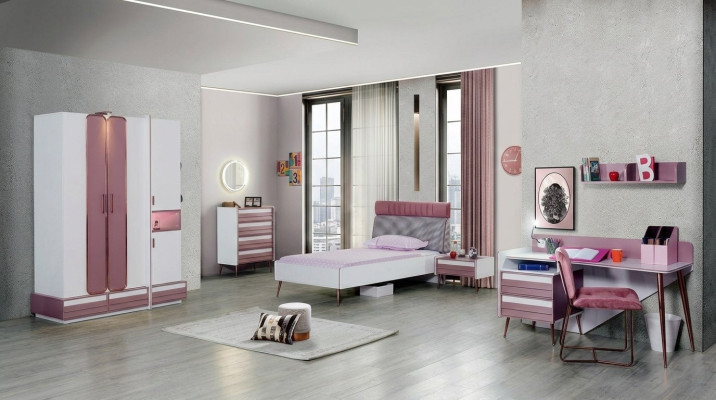 Kinderkamer Compleet Bed Kledingkast Commode Spiegel Wandplank 7-delig