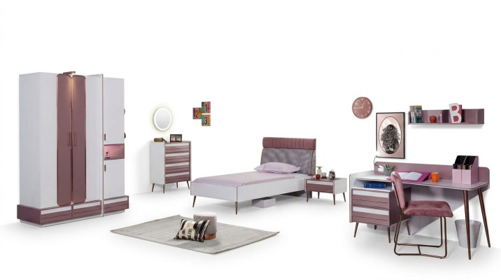 Kinderkamer Compleet Bed Kledingkast Commode Spiegel Wandplank 7-delig