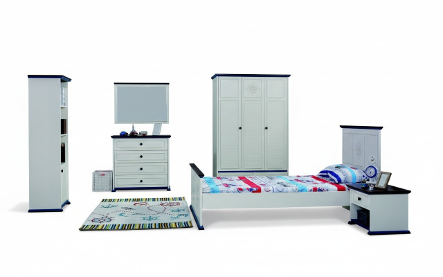Kinderkamer Compleet Set Bed Nachtkastje Kledingkast Commode Spiegel 6-delig