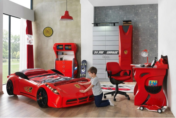 Auto Set Bed Kledingkast Commode Bureau Jongens Meubels 4-delig.