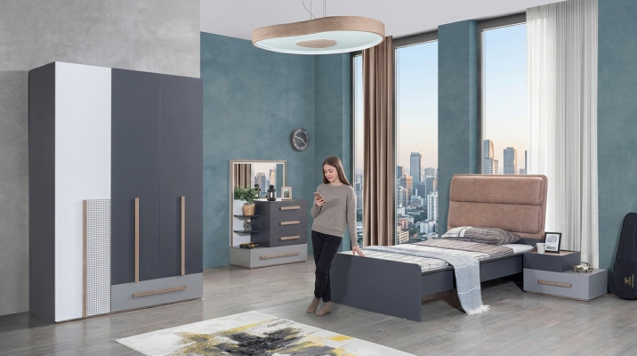 Jongerenkamer Set Grijs Bed Nachtkastje Kledingkast Ontwerp Nieuw 4-delig.