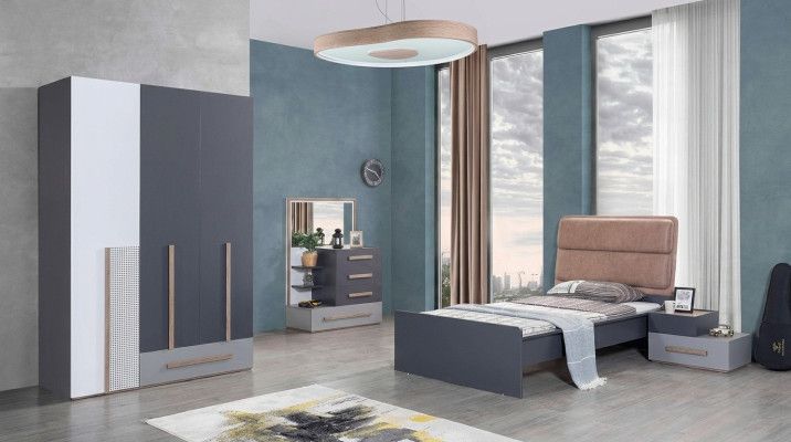 Jongerenkamer Set Grijs Bed Nachtkastje Kledingkast Ontwerp Nieuw 4-delig.