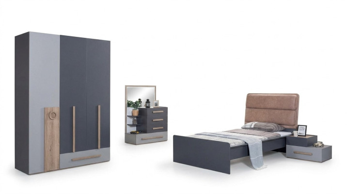 Jongerenkamer Set Grijs Bed Nachtkastje Kledingkast Ontwerp Nieuw 4-delig.